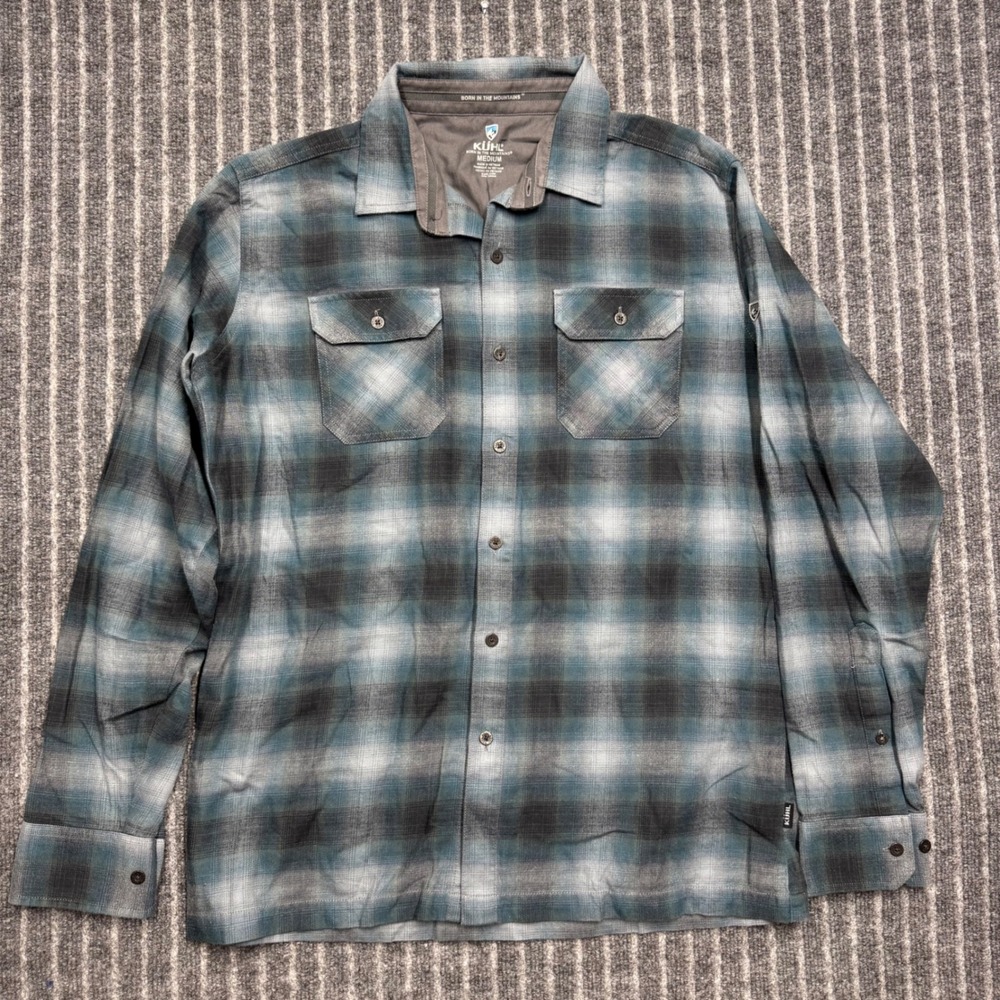 Kuhl Mens Medium Plaid Flannel Shirt Blue Grey Cotton Tencel Long Sleeve Outdoor
